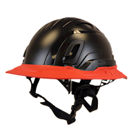 Type II + Non-Vented Black Safety Helmet with Hi-Viz Orange FlexBrim (T2NBKFBHO - Three Quarter View)