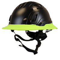 Type II + Non-Vented Black Safety Helmet with Hi-Viz Yellow FlexBrim (T2NBKFBHY - Three Quarter View)