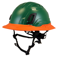 Type II + Non-Vented Forest Green Safety Helmet with Hi-Viz Orange FlexBrim (T2NFGFBHO - Three Quarter View)