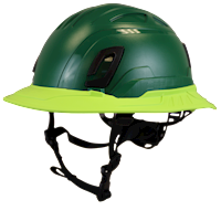 Type II + Non-Vented Forest Green Safety Helmet with Hi-Viz Yellow FlexBrim (T2NFGFBHY - Three Quarter View)