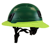 Type II + Non-Vented Forest Green Safety Helmet with Hi-Viz Yellow FlexBrim (T2NFGFBHY - Left)