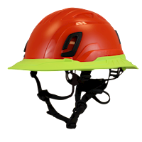 Type II + Non-Vented Hi-Viz Orange Safety Helmet with Hi-Viz Yellow FlexBrim (T2NHOFBHY - Three Quarter View)