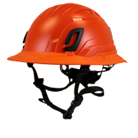 Type II + Non-Vented Red Safety Helmet with Hi-Viz Orange FlexBrim (T2NRDFBHO - Three Quarter View)