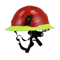 Type II + Non-Vented Red Safety Helmet with Hi-Viz Yellow FlexBrim (T2NRDFBHY - Three Quarter View)