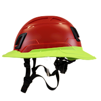 Type II + Non-Vented Red Safety Helmet with Hi-Viz Yellow FlexBrim (T2NRDFBHY - Left)