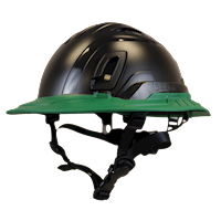 Type II + Vented Black Safety Helmet with Forest Green FlexBrim (T2VBKFBFG - Three Quarter View)