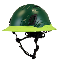 Type II + Vented Forest Green Safety Helmet with Hi-Viz Yellow FlexBrim (T2VFGFBHY - Three Quarter View)