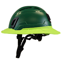 Type II + Vented Forest Green Safety Helmet with Hi-Viz Yellow FlexBrim (T2VFGFBHY - Left)