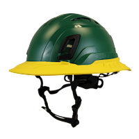 Type II + Vented Forest Green Safety Helmet with Yellow FlexBrim (T2VFGFBYL - Three Quarter View)