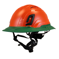 Type II + Vented Hi-Viz Orange Safety Helmet with Forest Green FlexBrim (T2VHOFBFG - Three Quarter View)