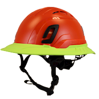 Type II + Vented Hi-Viz Orange Safety Helmet with Hi-Viz Yellow FlexBrim (T2VHOFBHY - Three Quarter View)
