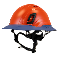 Type II + Vented Hi-Viz Orange Safety Helmet with Kentucky Blue FlexBrim (T2VHOFBKB - Three Quarter View)