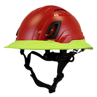 Type II + Vented Red Safety Helmet with Hi-Viz Yellow FlexBrim (T2VRDFBHY - Three Quarter View)