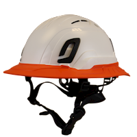 Type II + Vented White Safety Helmet with Hi-Viz Orange FlexBrim (T2VWHFBHO - Three Quarter View)