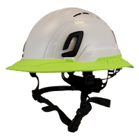 Type II + Vented White Safety Helmet with Hi-Viz Yellow FlexBrim (T2VWHFBHY - Three Quarter View)