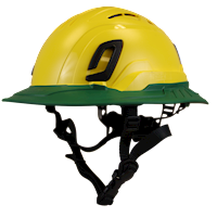 Type II + Vented Yellow Safety Helmet with Forest Green FlexBrim (T2VYLFBFG - Three Quarter View)