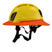 Type II + Vented Yellow Safety Helmet with Hi-Viz Orange FlexBrim (T2VYLFBHO - Left)