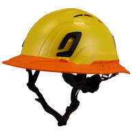 Type II + Vented Yellow Safety Helmet with Orange FlexBrim (T2VYLFBOR - Three Quarter View)
