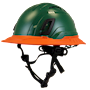 Type II + Vented Forest Green Safety Helmet with Hi-Viz Orange FlexBrim (T2VFGFBHO - Three Quarter View)